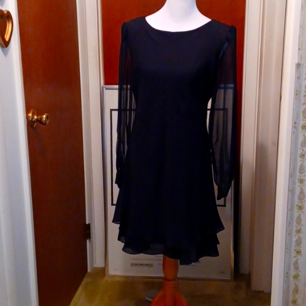 Vintage Hampton Nites Black Tiered Flutter Hem Cocktail Dress - Size Vintage 14